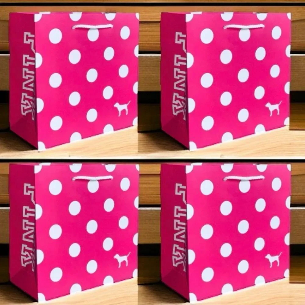 New 4 Victoria's Secret PINK Polka Dots 8”Hx8”Wx4.5”D Paper Gift Shopping Bags